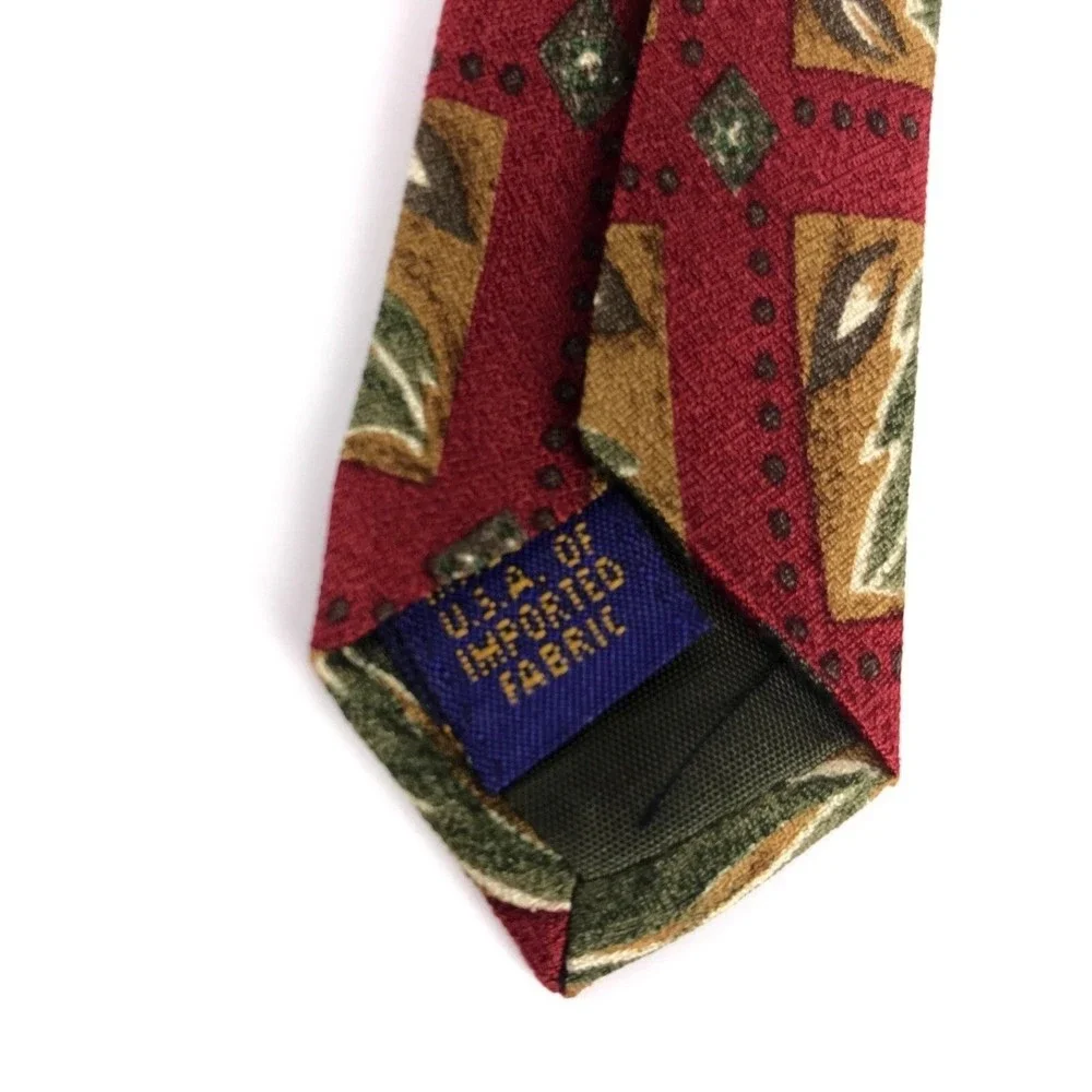 Purple Label CHAPS Ralph Lauren Red Green Leaves Nature Silk Men's Tie Necktie